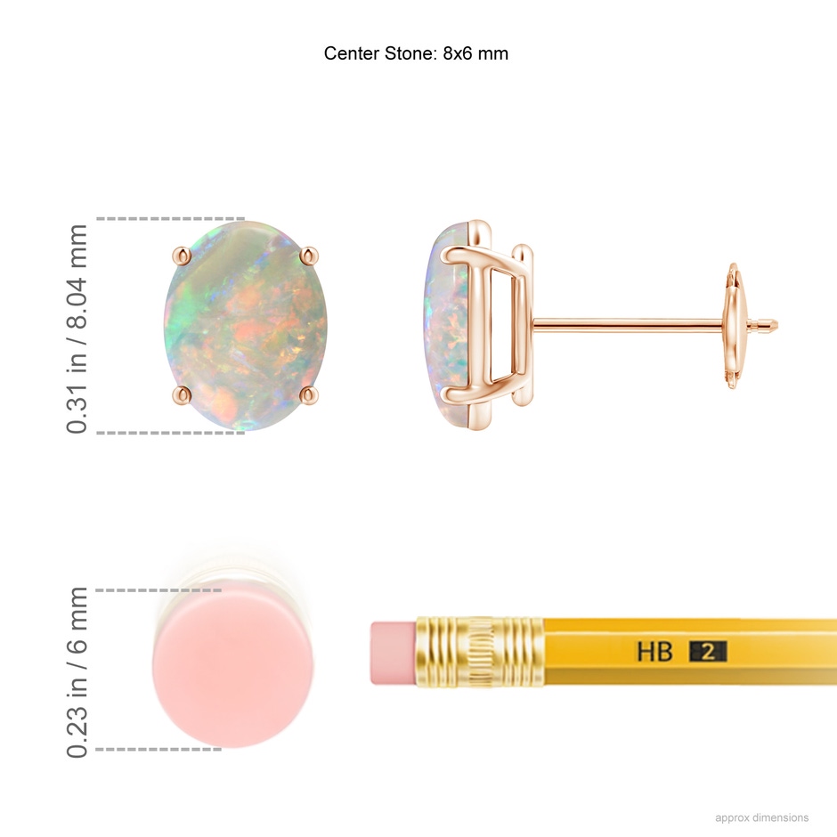8x6mm AAAA Prong-Set Oval Solitaire Cabochon Opal Stud Earrings in Rose Gold ruler