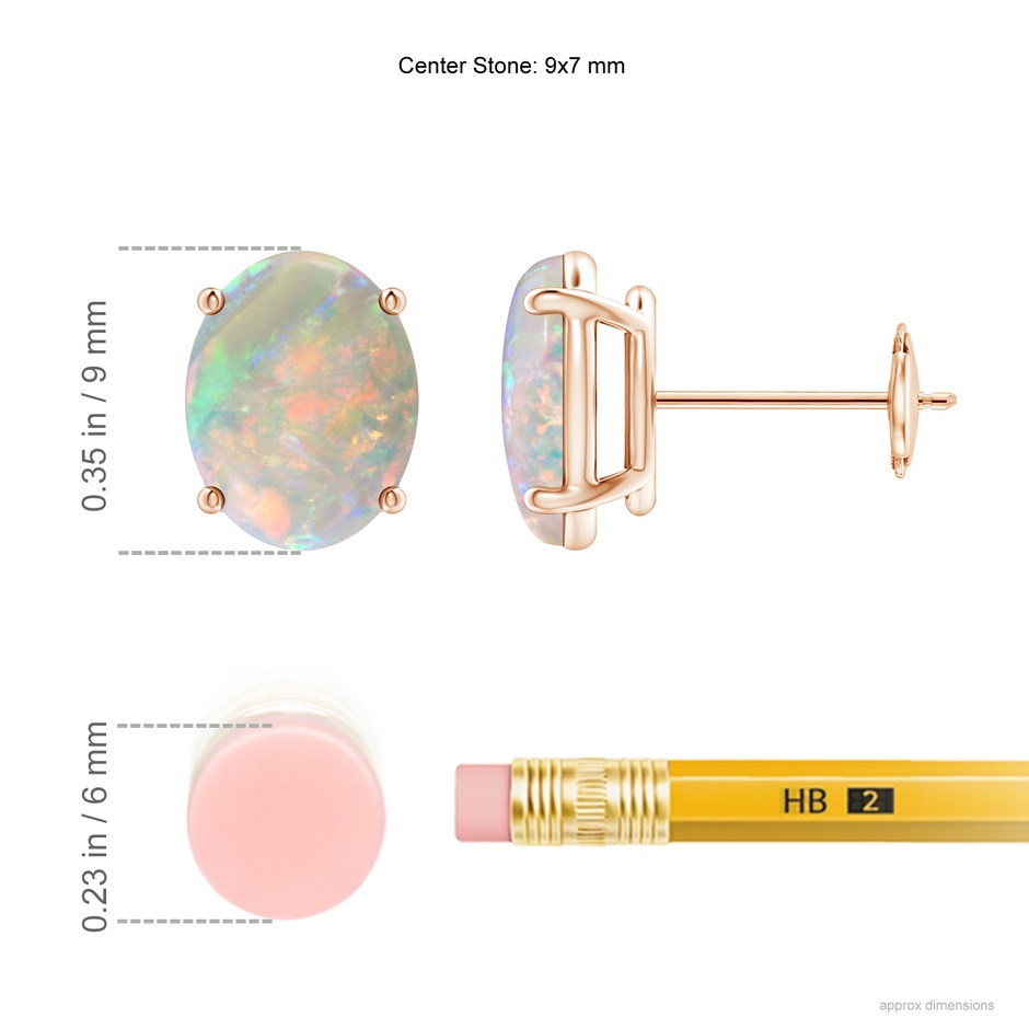 9x7mm AAAA Prong-Set Oval Solitaire Cabochon Opal Stud Earrings in 18K Rose Gold ruler