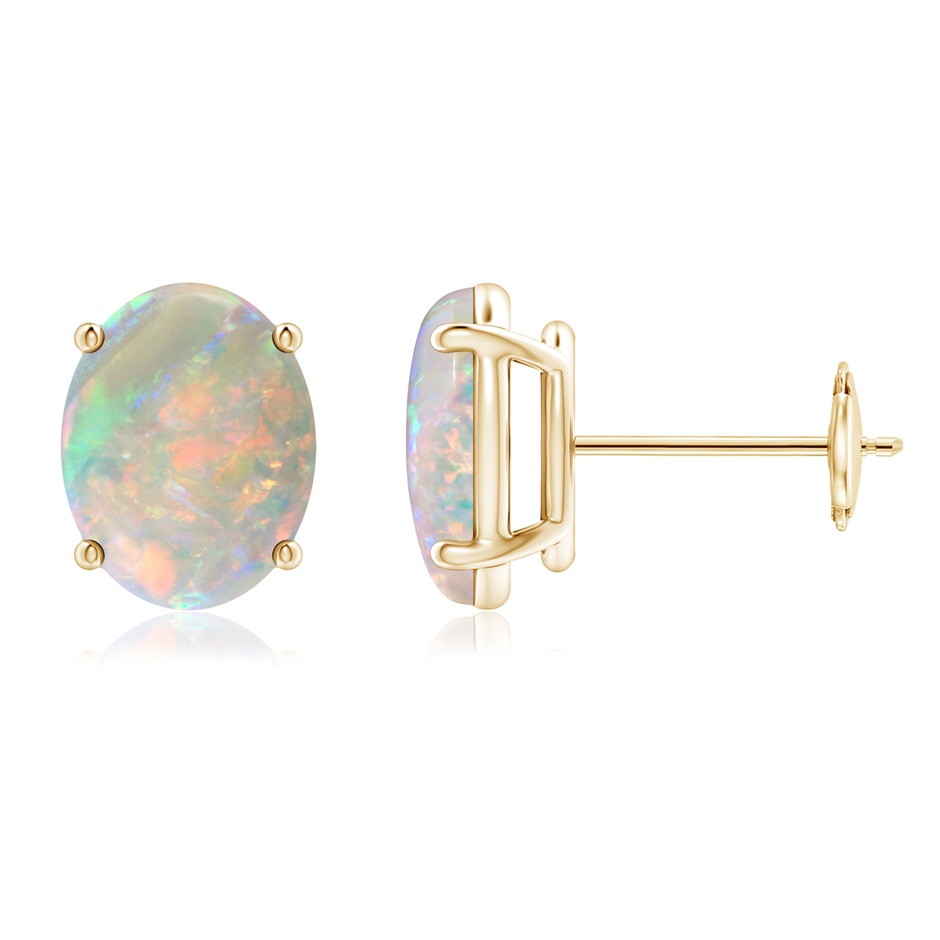 9x7mm AAAA Prong-Set Oval Solitaire Cabochon Opal Stud Earrings in 18K Yellow Gold 