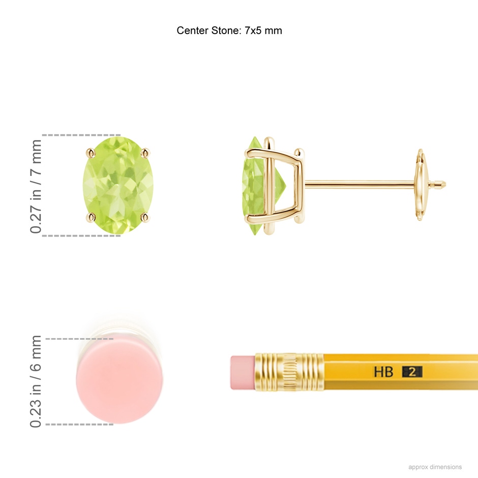 7x5mm A Prong-Set Oval Solitaire Peridot Stud Earrings in 10K Yellow Gold ruler