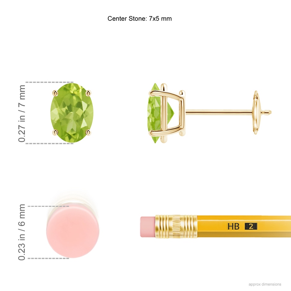 7x5mm AA Prong-Set Oval Solitaire Peridot Stud Earrings in Yellow Gold ruler