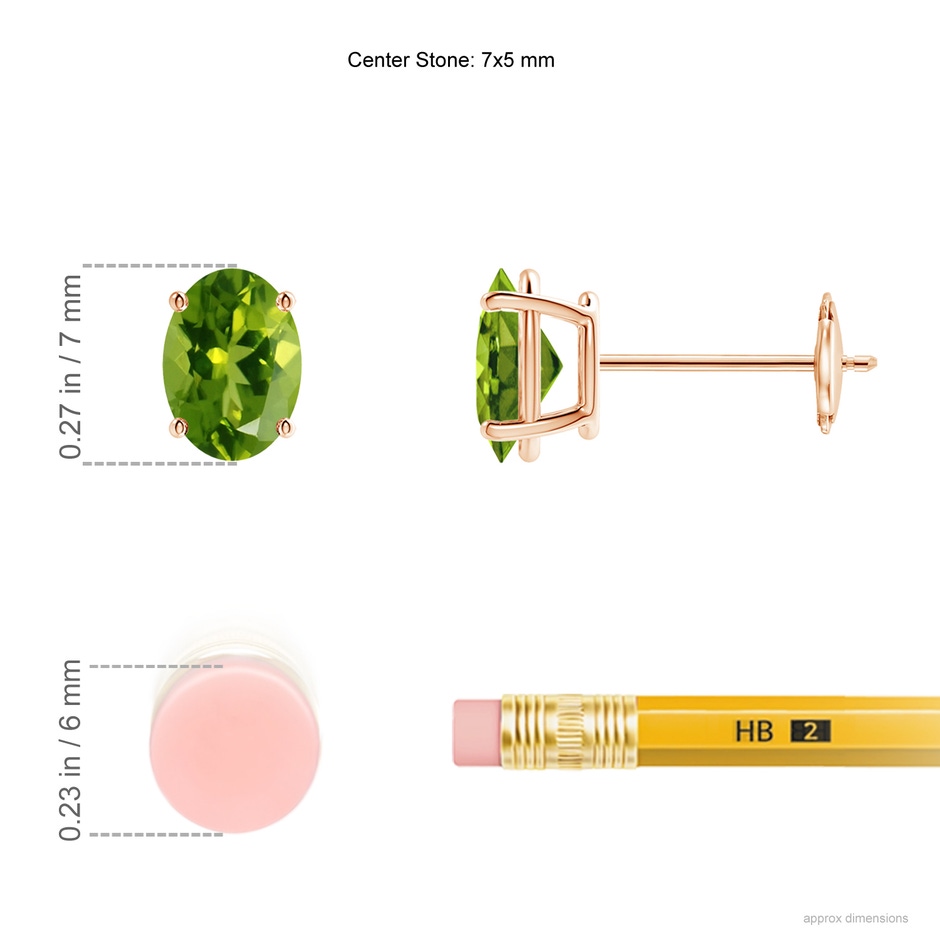 7x5mm AAAA Prong-Set Oval Solitaire Peridot Stud Earrings in Rose Gold ruler