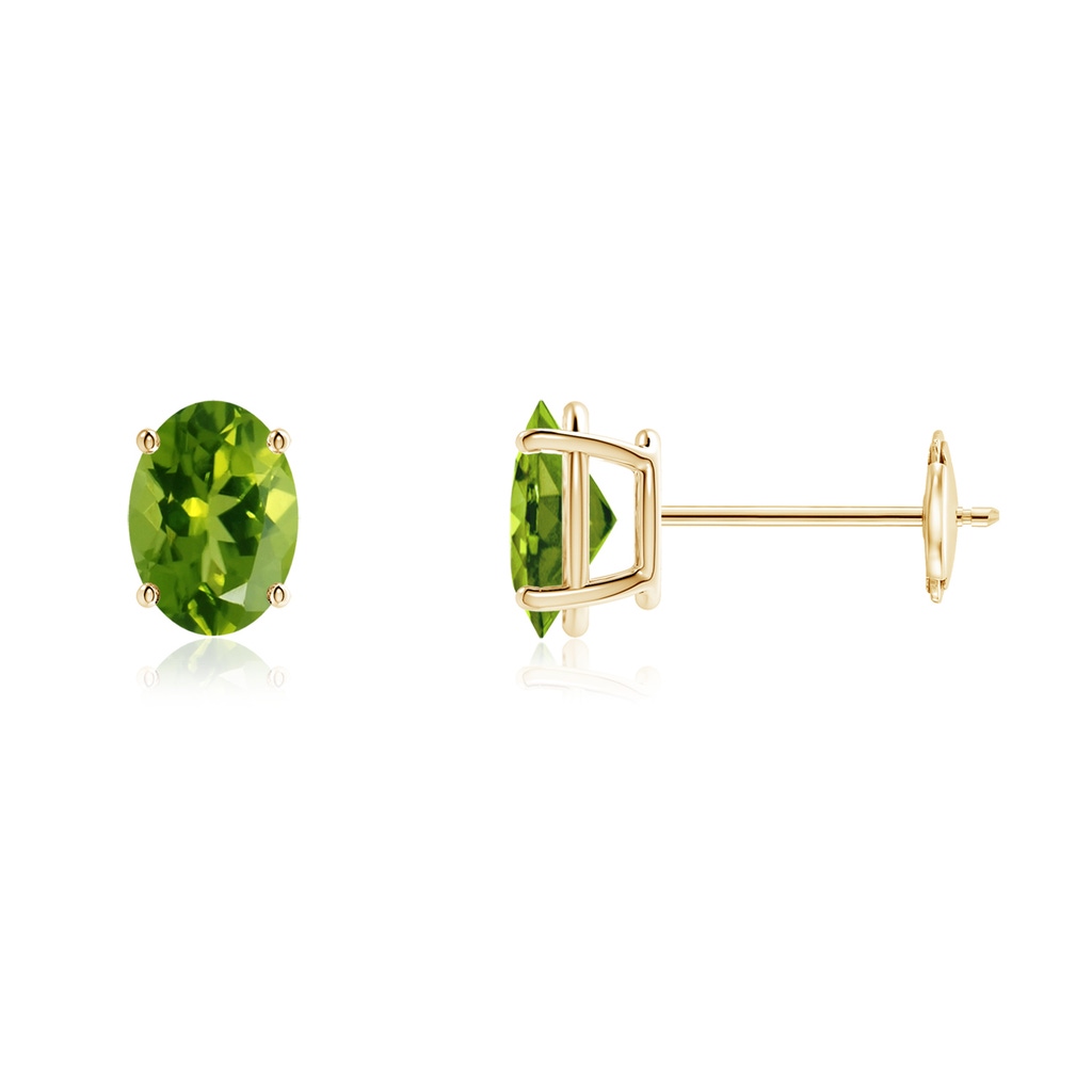7x5mm AAAA Prong-Set Oval Solitaire Peridot Stud Earrings in Yellow Gold