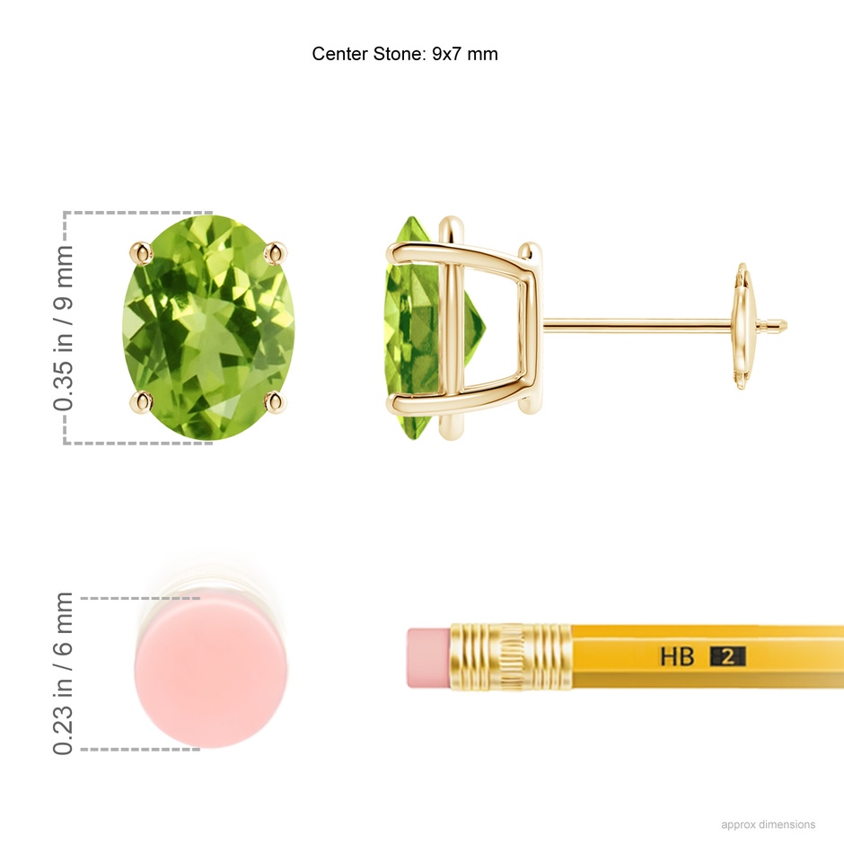 9x7mm AAA Prong-Set Oval Solitaire Peridot Stud Earrings in Yellow Gold ruler