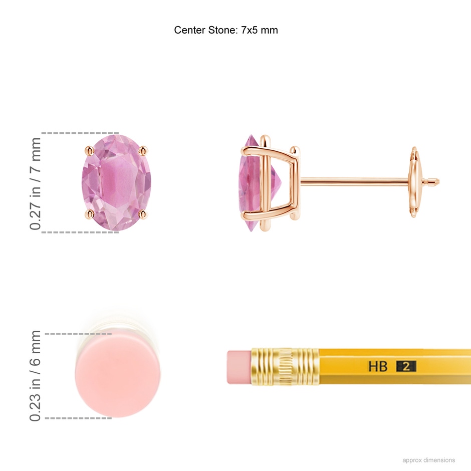 7x5mm A Prong-Set Oval Solitaire Pink Tourmaline Stud Earrings in 9K Rose Gold ruler