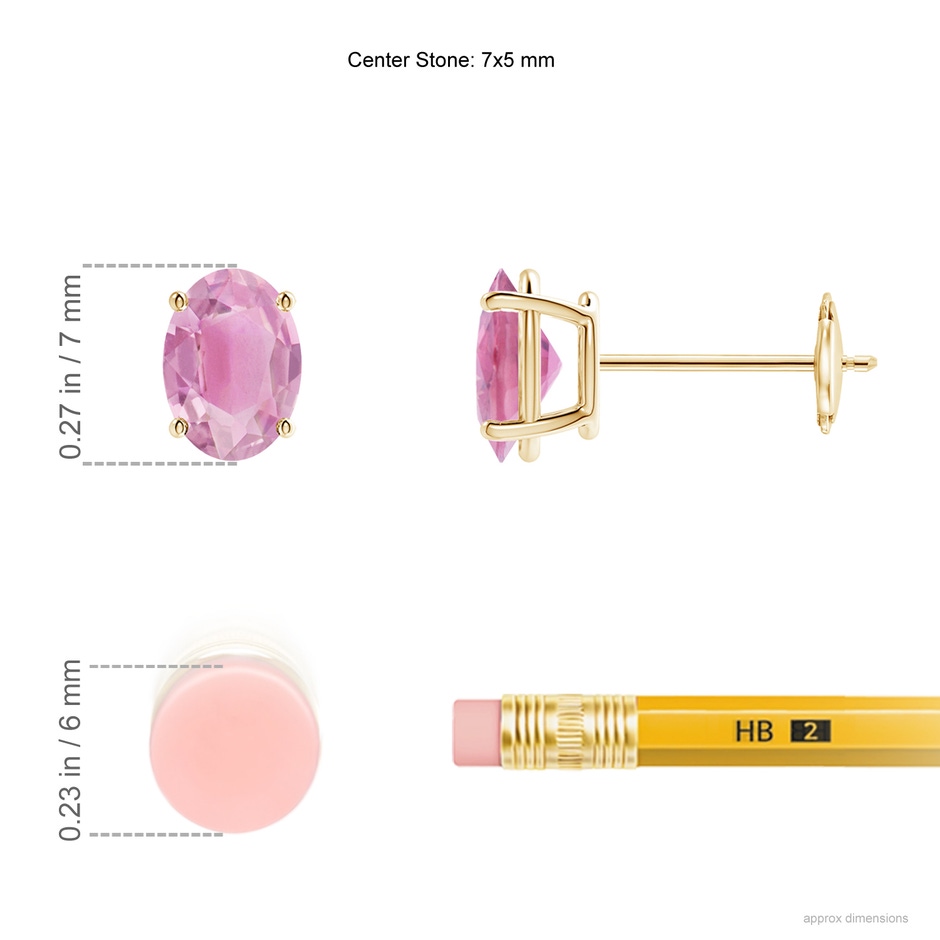 7x5mm A Prong-Set Oval Solitaire Pink Tourmaline Stud Earrings in Yellow Gold ruler