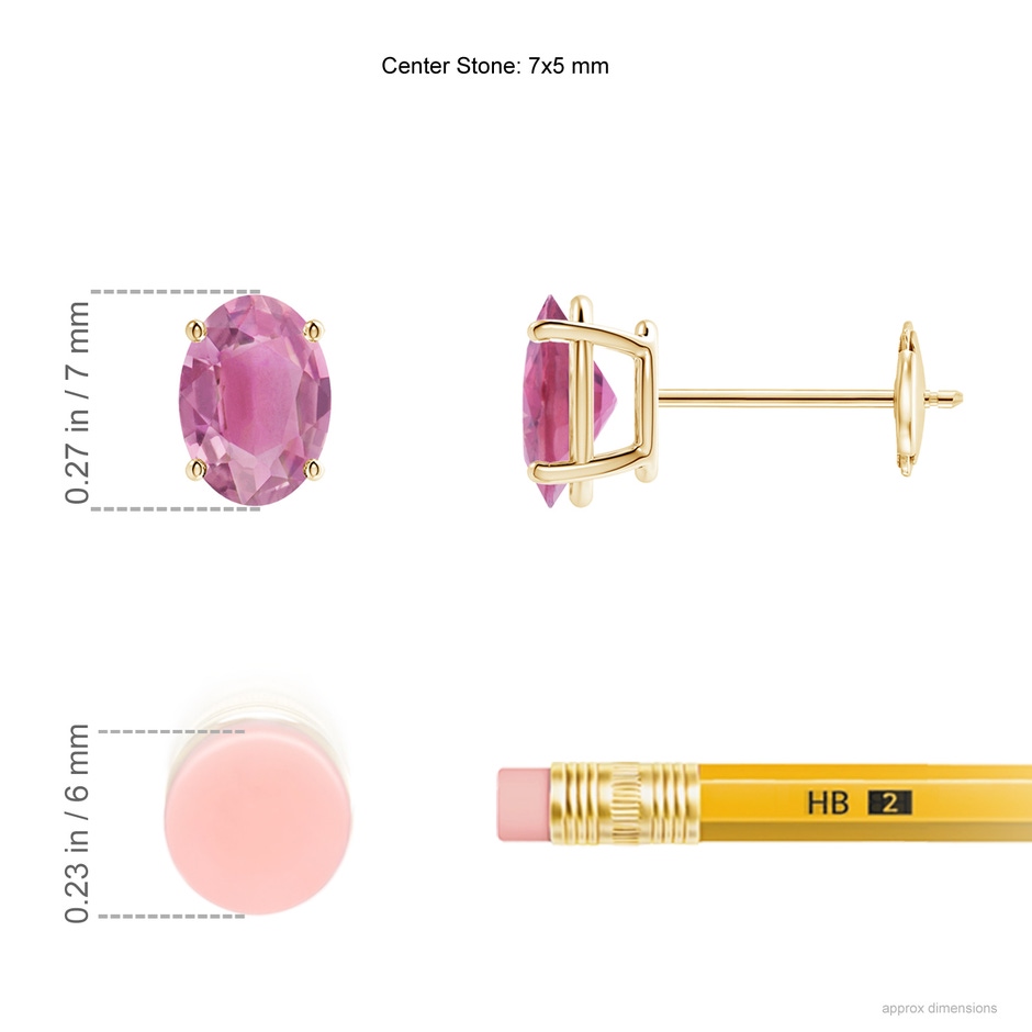 7x5mm AA Prong-Set Oval Solitaire Pink Tourmaline Stud Earrings in Yellow Gold ruler