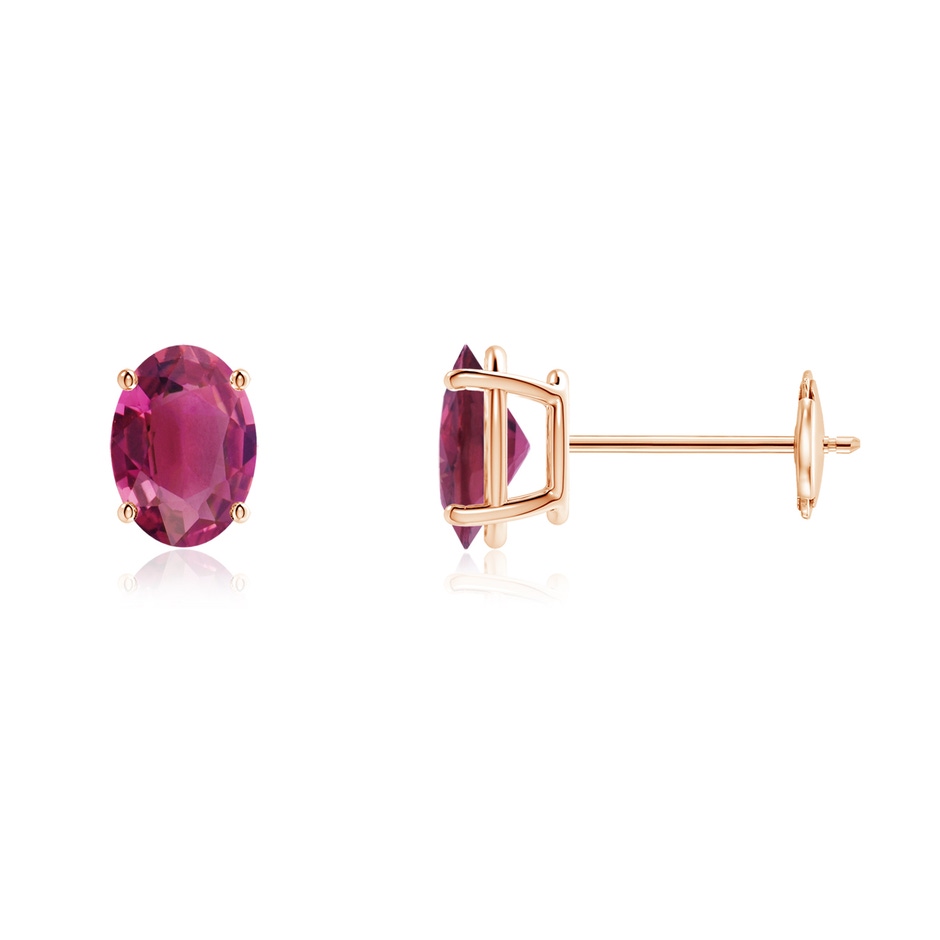 7x5mm AAAA Prong-Set Oval Solitaire Pink Tourmaline Stud Earrings in Rose Gold 