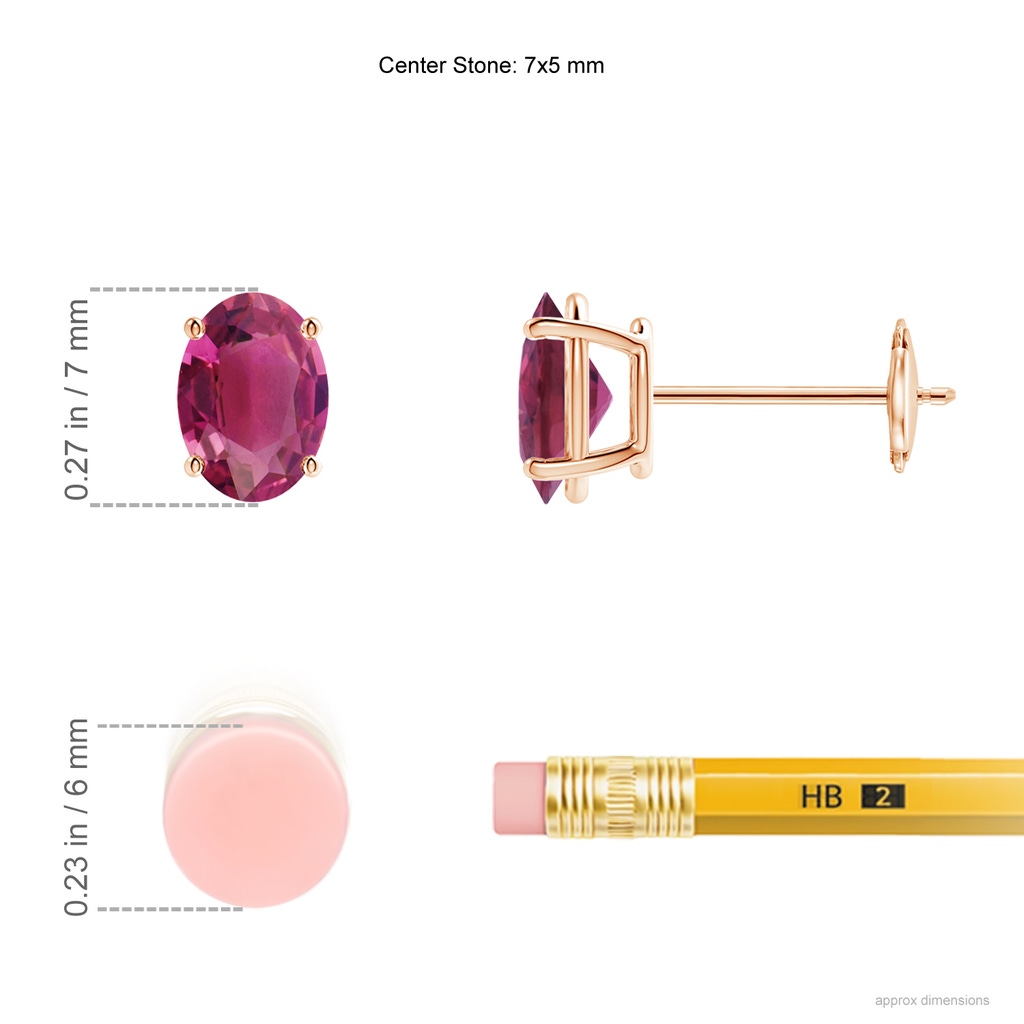 7x5mm AAAA Prong-Set Oval Solitaire Pink Tourmaline Stud Earrings in Rose Gold ruler