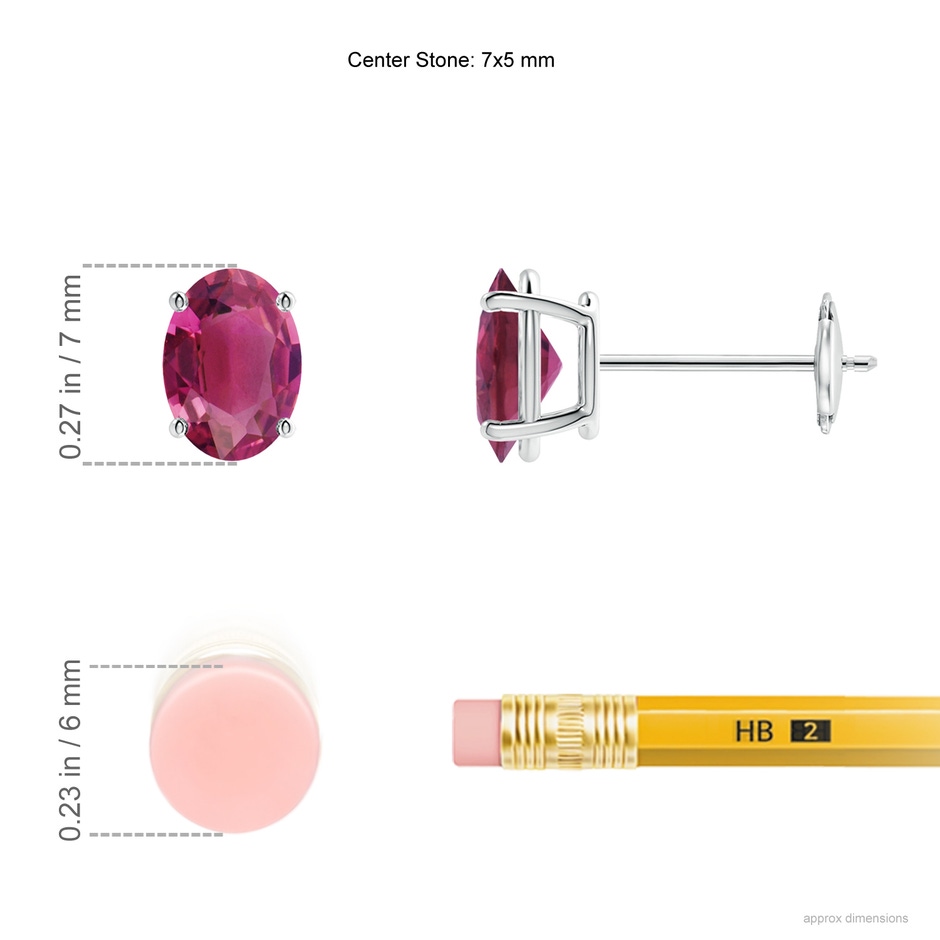 7x5mm AAAA Prong-Set Oval Solitaire Pink Tourmaline Stud Earrings in White Gold ruler