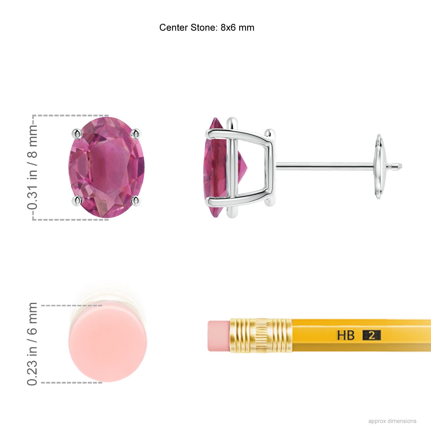 8x6mm AAA Prong-Set Oval Solitaire Pink Tourmaline Stud Earrings in White Gold - ruler
