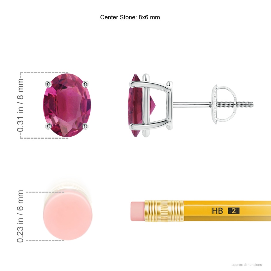 8x6mm AAAA Prong-Set Oval Solitaire Pink Tourmaline Stud Earrings in P950 Platinum ruler
