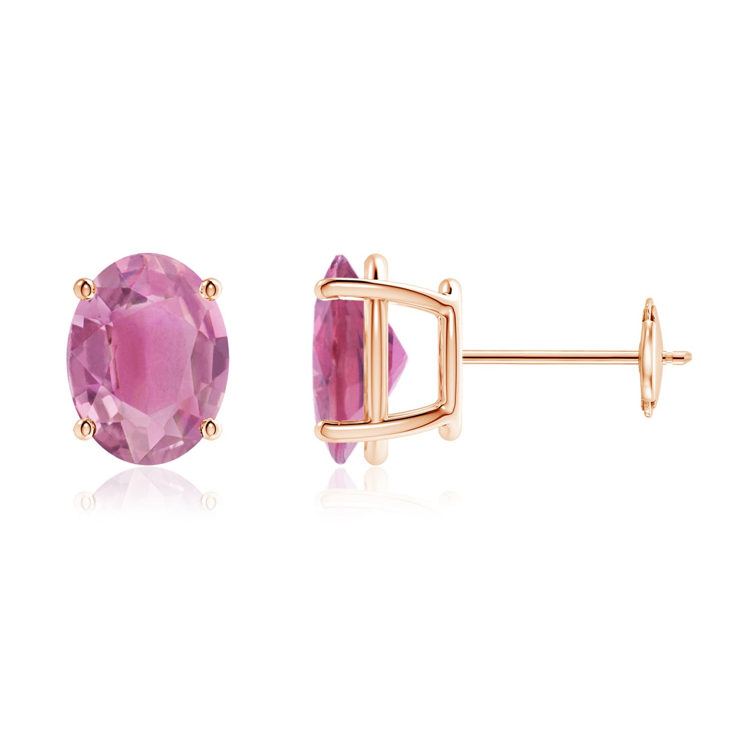 9x7mm AA Prong-Set Oval Solitaire Pink Tourmaline Stud Earrings in Rose Gold