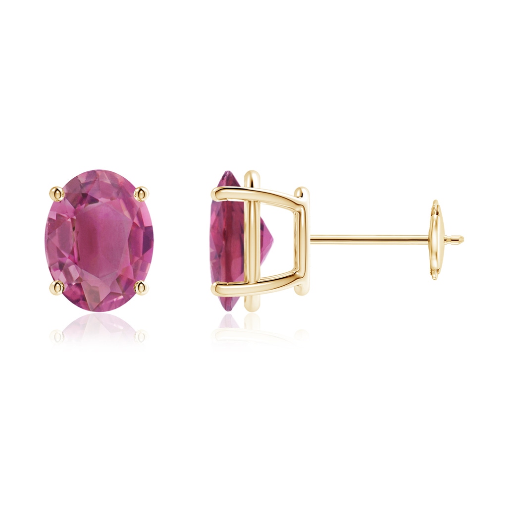 9x7mm AAA Prong-Set Oval Solitaire Pink Tourmaline Stud Earrings in Yellow Gold