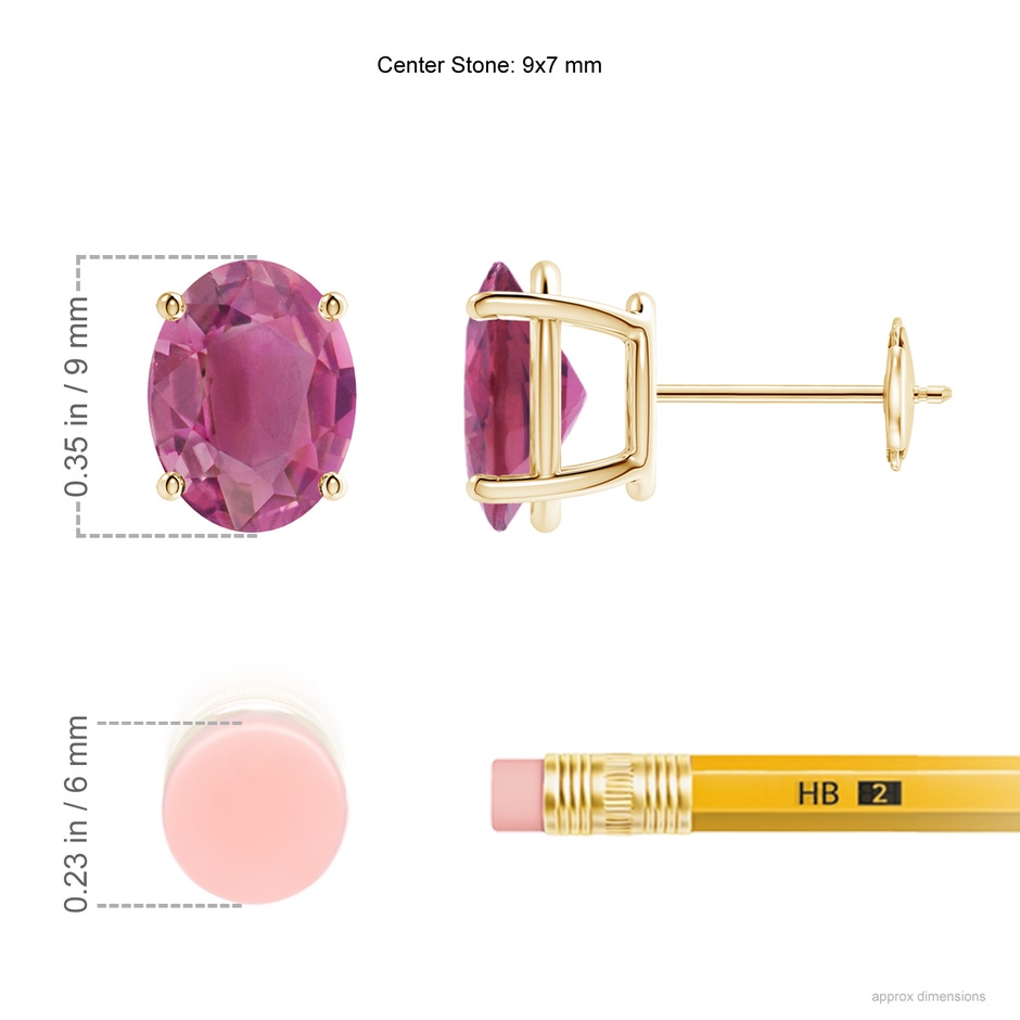 9x7mm AAA Prong-Set Oval Solitaire Pink Tourmaline Stud Earrings in Yellow Gold ruler