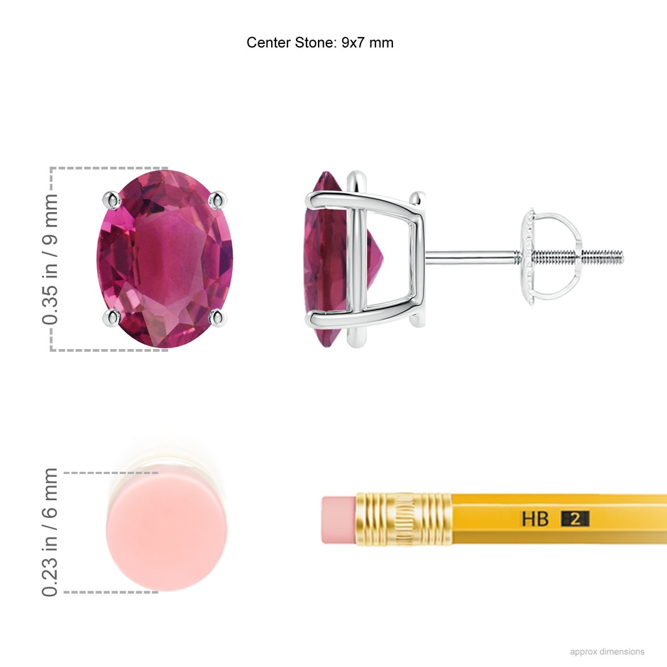 9x7mm AAAA Prong-Set Oval Solitaire Pink Tourmaline Stud Earrings in P950 Platinum ruler