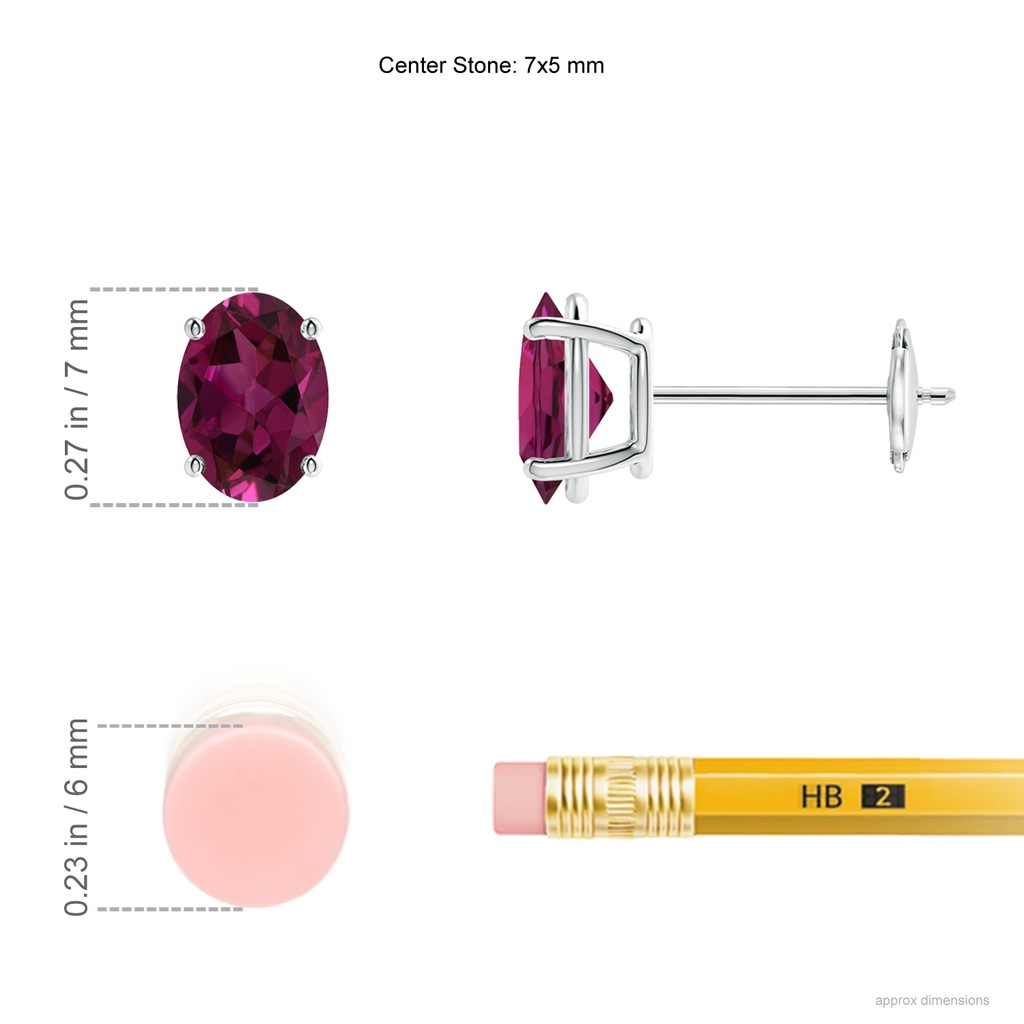 7x5mm AAAA Prong-Set Oval Solitaire Rhodolite Stud Earrings in White Gold Ruler