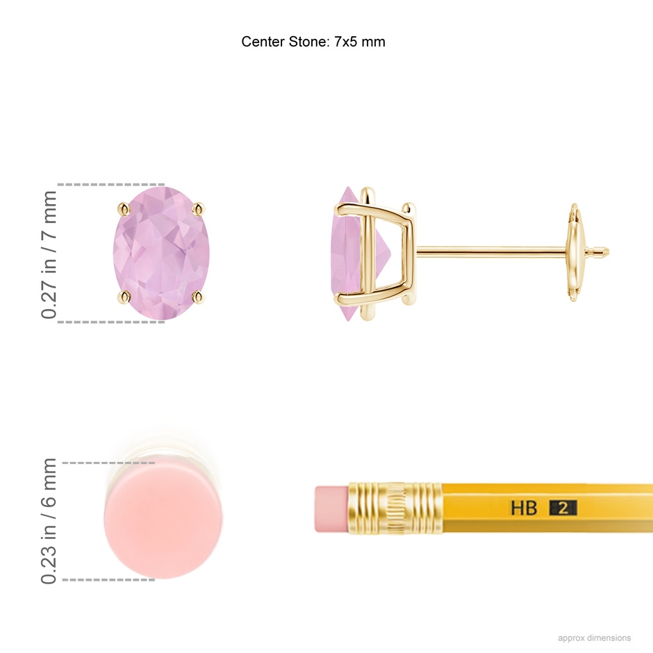 7x5mm AAAA Prong-Set Oval Solitaire Rose Quartz Stud Earrings in Yellow Gold ruler