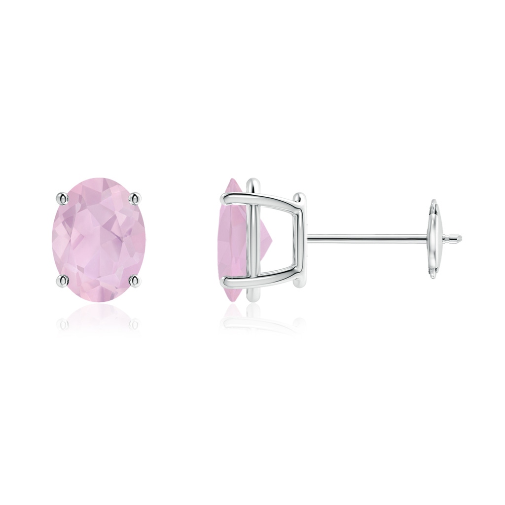 8x6mm AAA Prong-Set Oval Solitaire Rose Quartz Stud Earrings in White Gold