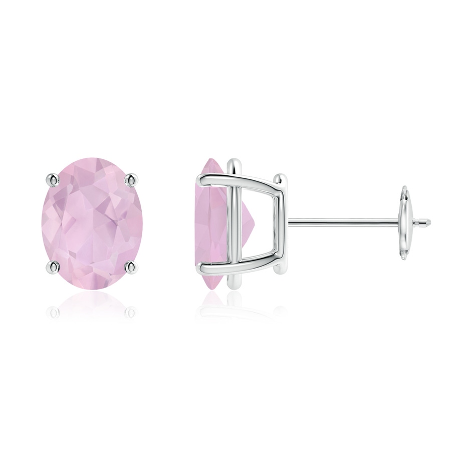 9x7mm AAA Prong-Set Oval Solitaire Rose Quartz Stud Earrings in 18K White Gold 