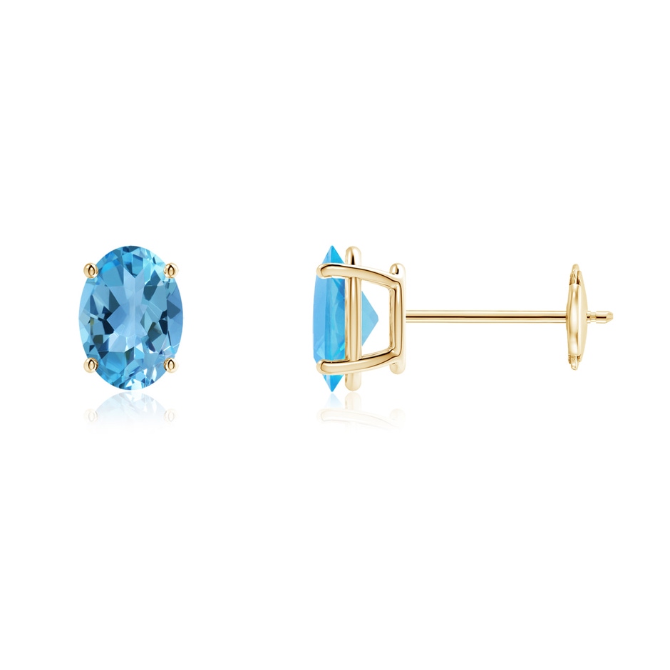 7x5mm AA Prong-Set Oval Solitaire Swiss Blue Topaz Stud Earrings in Yellow Gold 