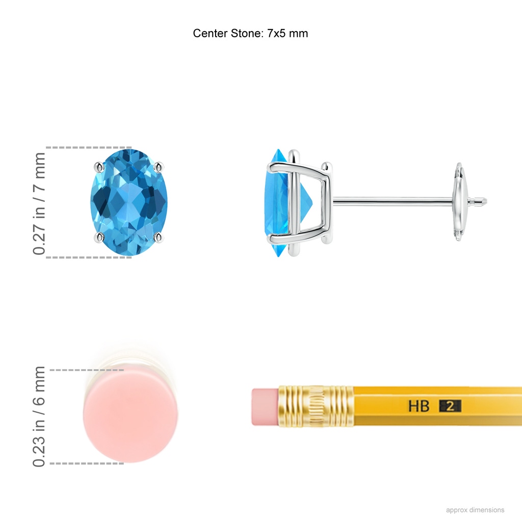 7x5mm AAA Prong-Set Oval Solitaire Swiss Blue Topaz Stud Earrings in White Gold Ruler