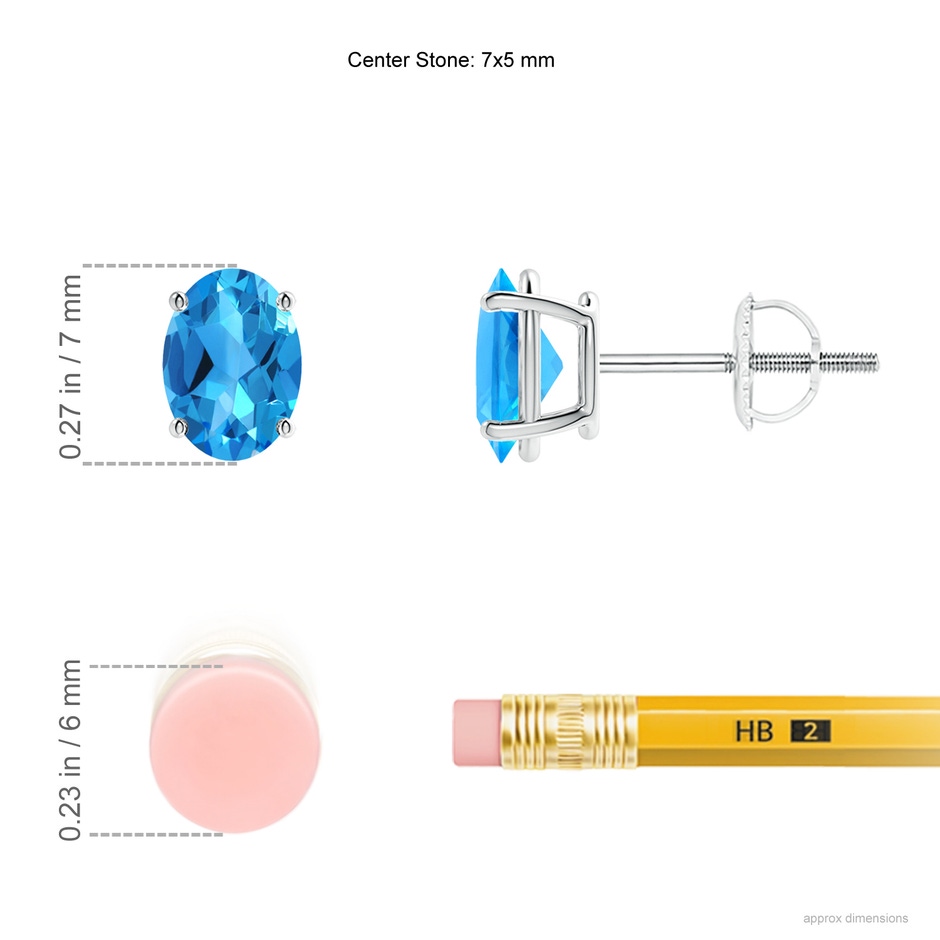 7x5mm AAAA Prong-Set Oval Solitaire Swiss Blue Topaz Stud Earrings in P950 Platinum ruler