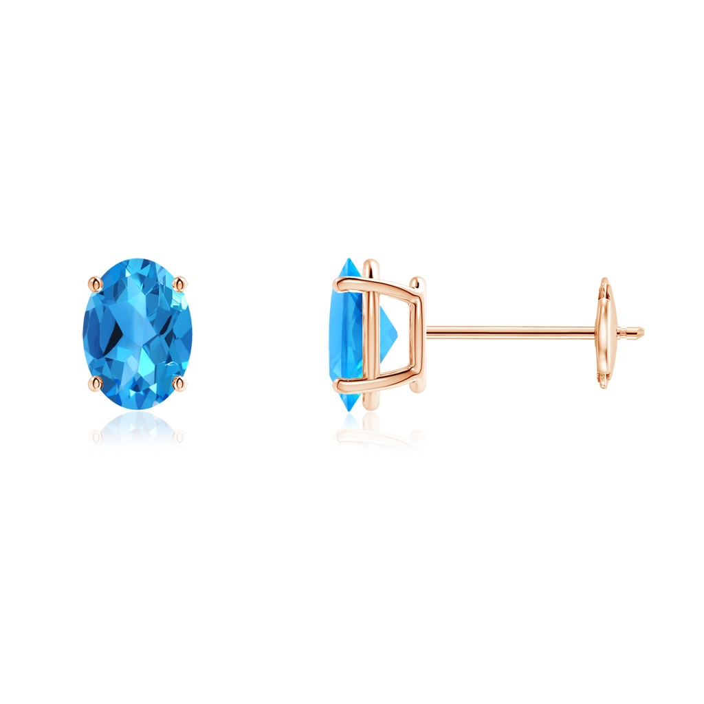 7x5mm AAAA Prong-Set Oval Solitaire Swiss Blue Topaz Stud Earrings in Rose Gold