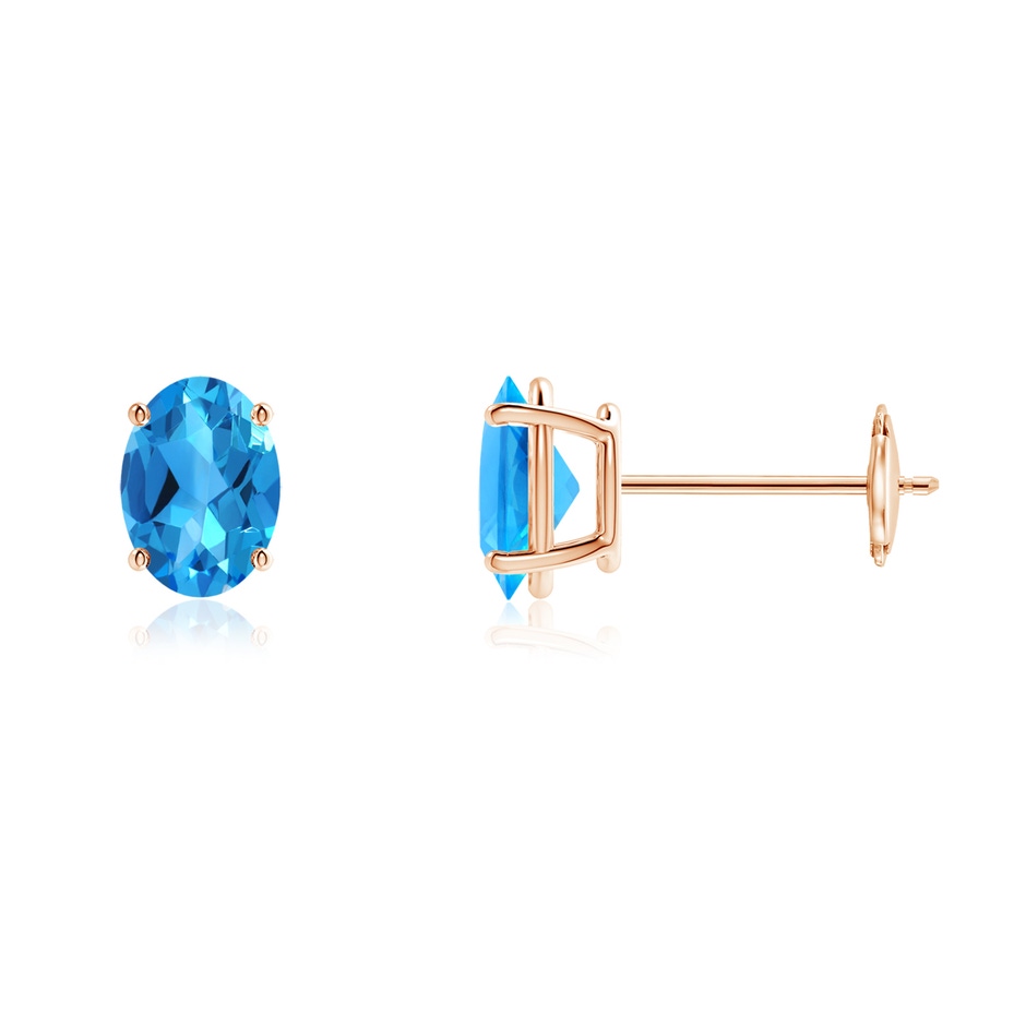 7x5mm AAAA Prong-Set Oval Solitaire Swiss Blue Topaz Stud Earrings in Rose Gold 