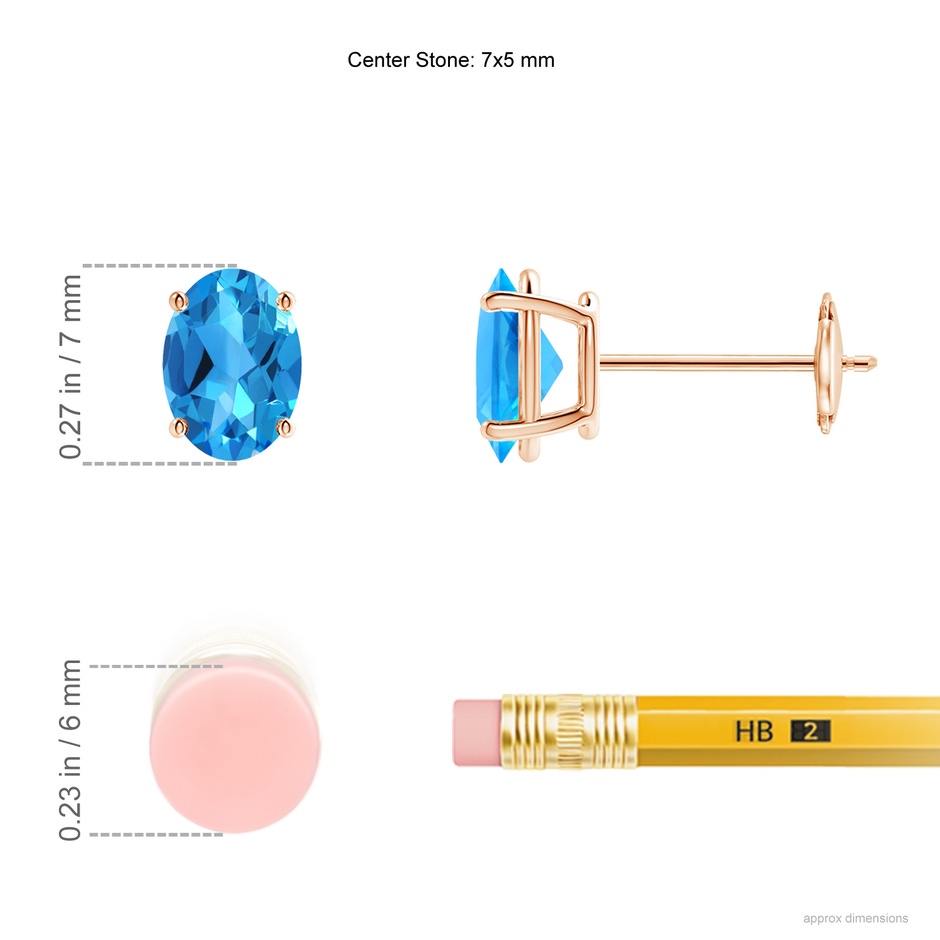 7x5mm AAAA Prong-Set Oval Solitaire Swiss Blue Topaz Stud Earrings in Rose Gold ruler