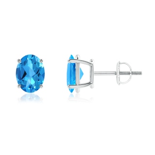8x6mm AAAA Prong-Set Oval Solitaire Swiss Blue Topaz Stud Earrings in P950 Platinum