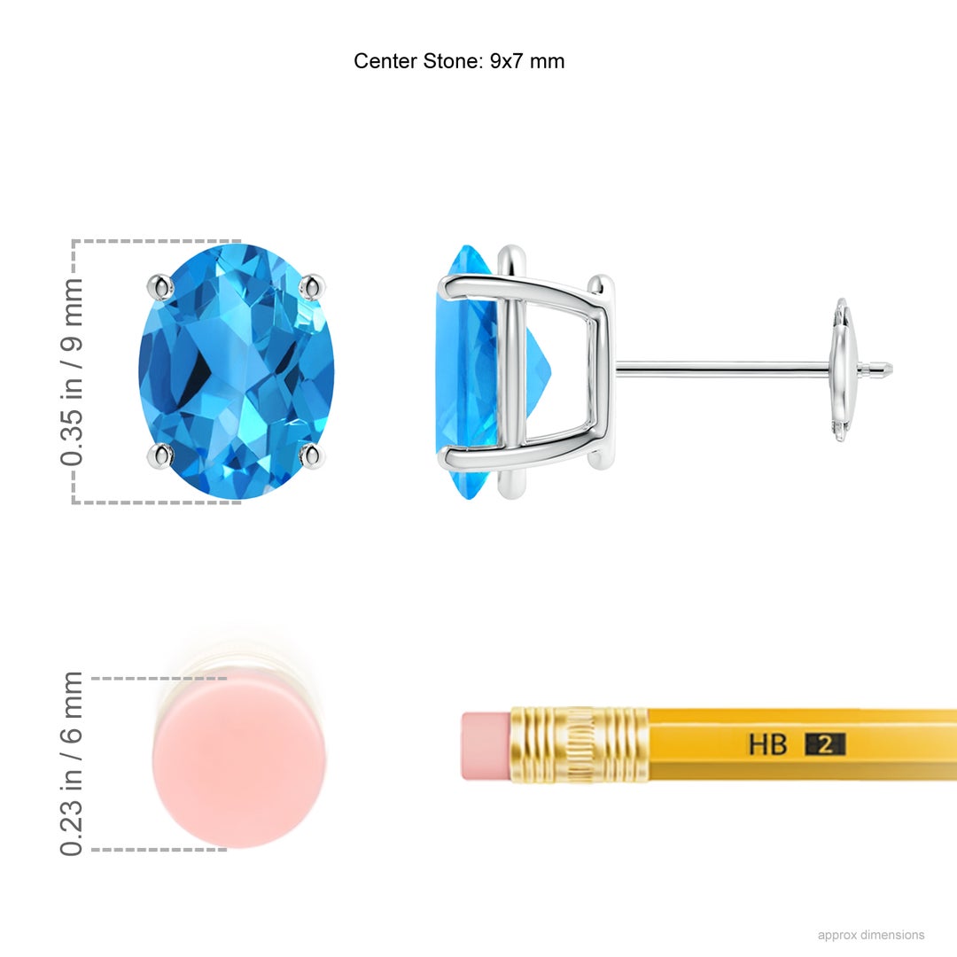9x7mm AAAA Prong-Set Oval Solitaire Swiss Blue Topaz Stud Earrings in White Gold - ruler