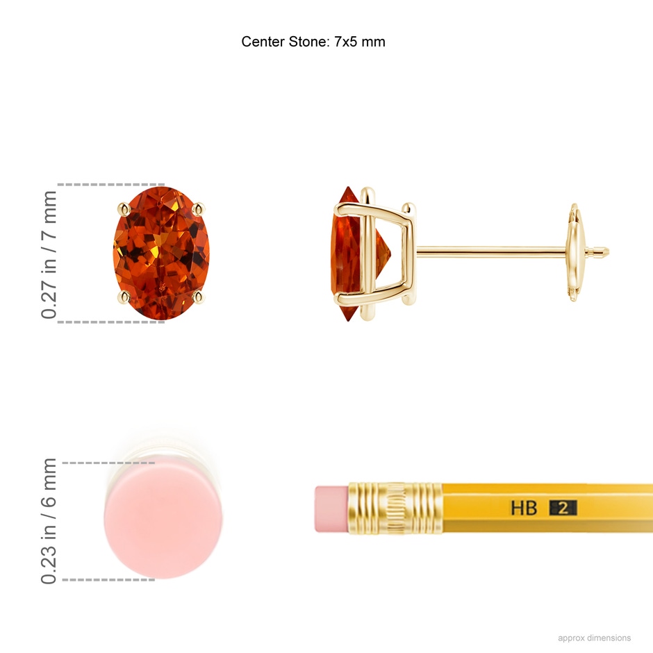 7x5mm AAAA Prong-Set Oval Solitaire Spessartite Stud Earrings in Yellow Gold ruler