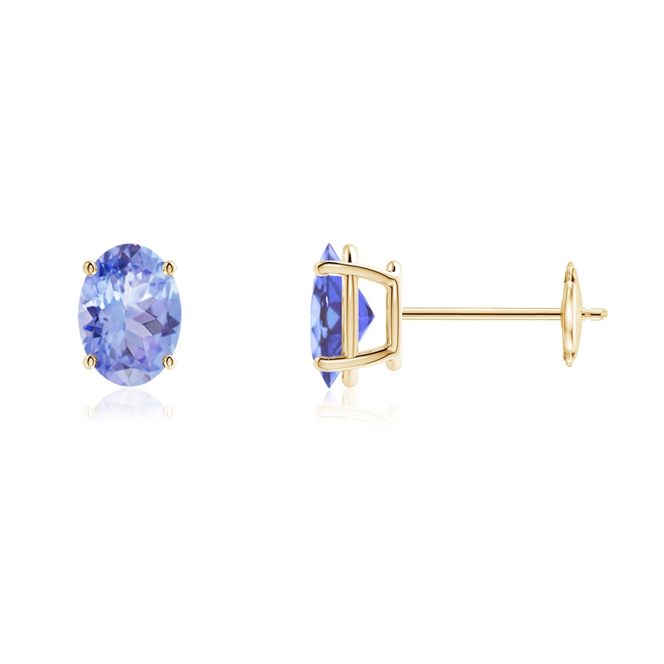 7x5mm A Prong-Set Oval Solitaire Tanzanite Stud Earrings in Yellow Gold 