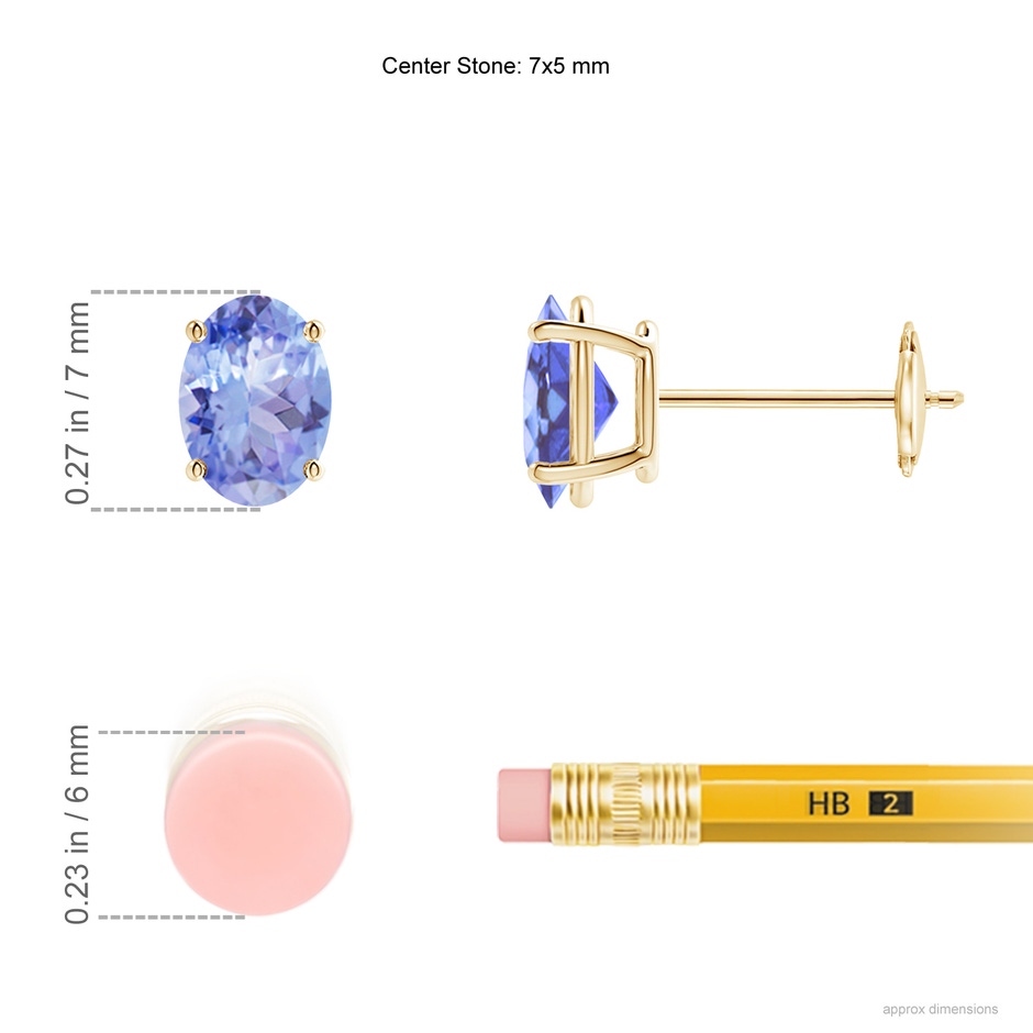 7x5mm A Prong-Set Oval Solitaire Tanzanite Stud Earrings in Yellow Gold ruler