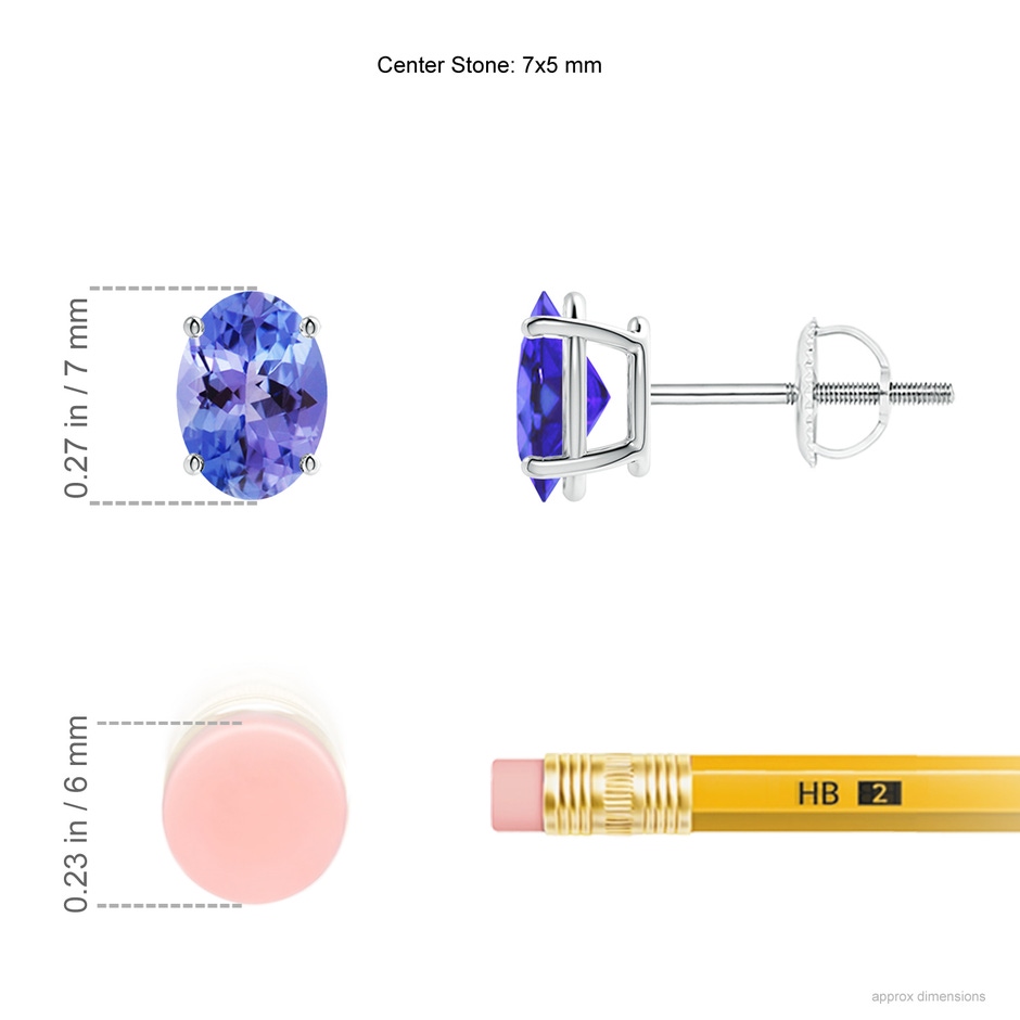 7x5mm AA Prong-Set Oval Solitaire Tanzanite Stud Earrings in P950 Platinum ruler