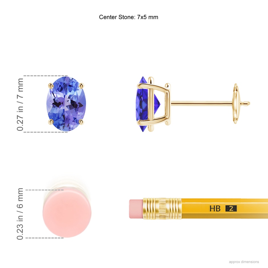 7x5mm AA Prong-Set Oval Solitaire Tanzanite Stud Earrings in Yellow Gold ruler