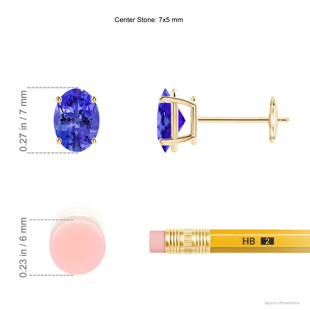 7x5mm AAA Prong-Set Oval Solitaire Tanzanite Stud Earrings in Yellow Gold ruler