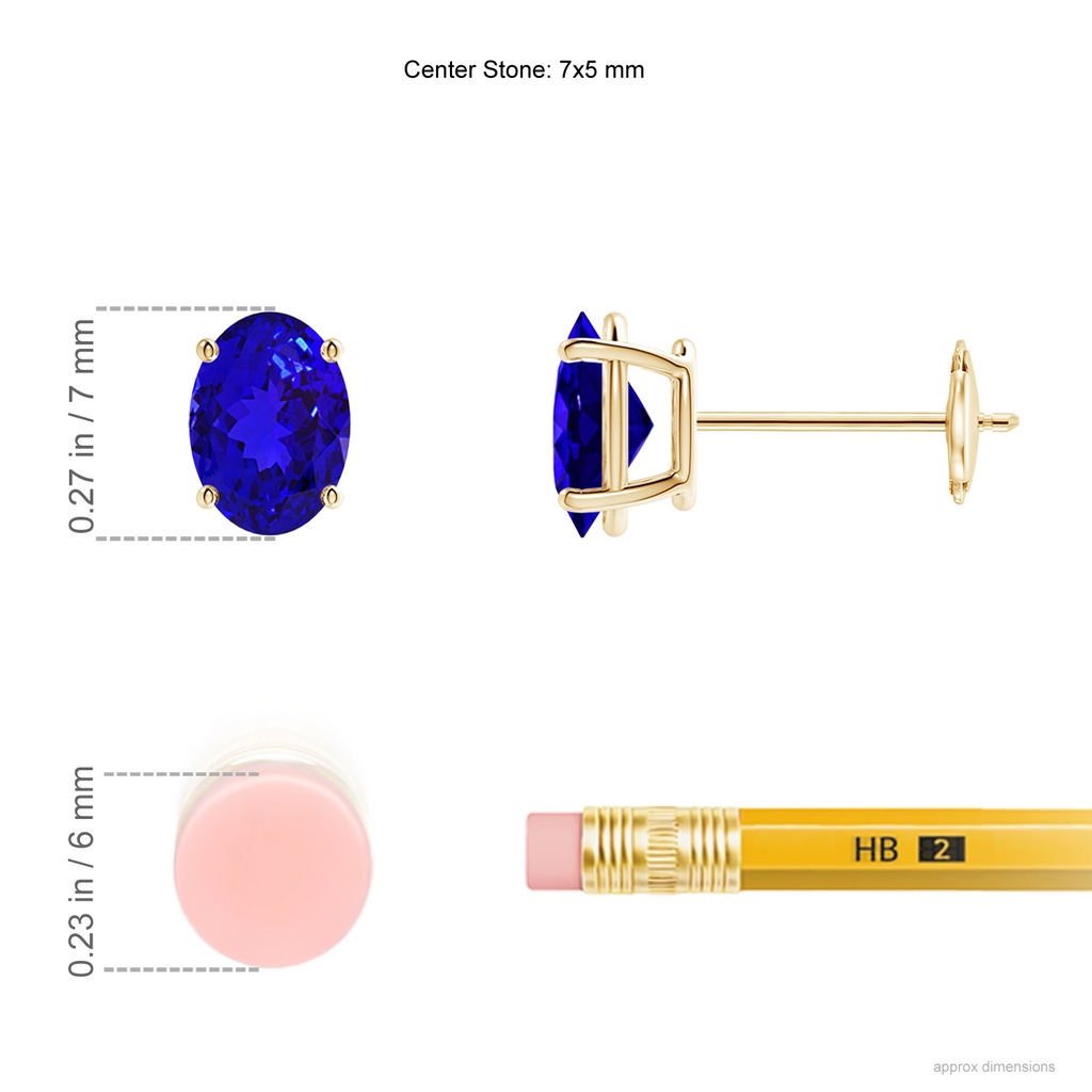 7x5mm AAAA Prong-Set Oval Solitaire Tanzanite Stud Earrings in Yellow Gold ruler