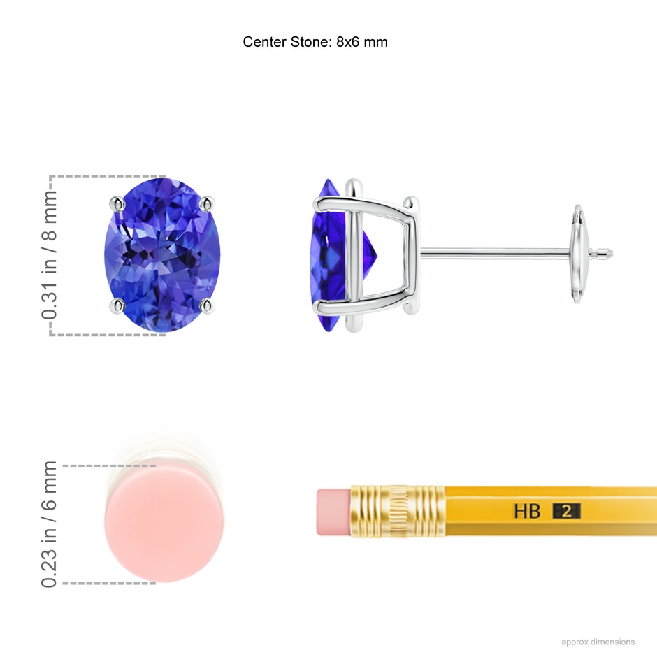 8x6mm AAA Prong-Set Oval Solitaire Tanzanite Stud Earrings in White Gold ruler