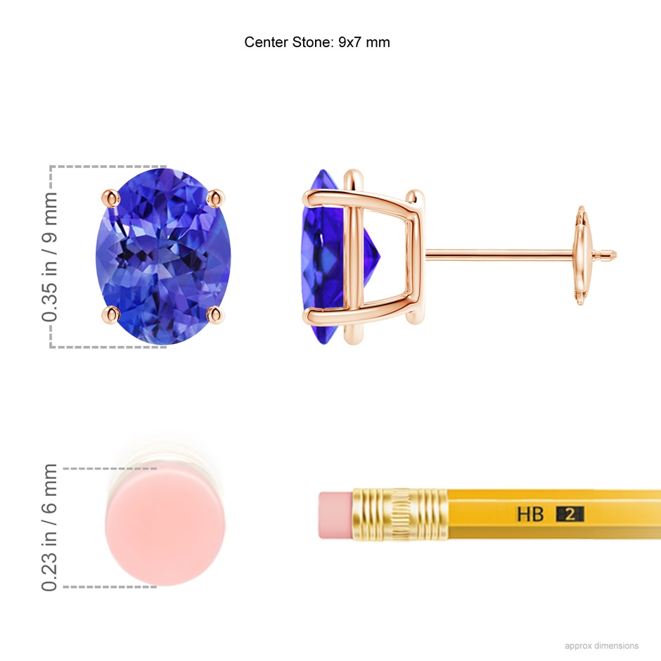 9x7mm AAA Prong-Set Oval Solitaire Tanzanite Stud Earrings in Rose Gold ruler