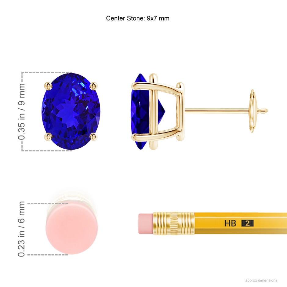 9x7mm AAAA Prong-Set Oval Solitaire Tanzanite Stud Earrings in Yellow Gold ruler