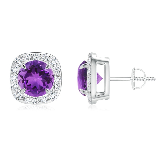 7mm AAA Claw-Set Amethyst and Diamond Cushion Halo Stud Earrings in White Gold