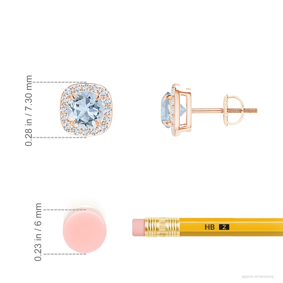5mm A Claw-Set Aquamarine and Diamond Cushion Halo Stud Earrings in Rose Gold ruler