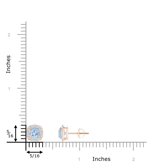 5mm AA Claw-Set Aquamarine and Diamond Cushion Halo Stud Earrings in Rose Gold ruler
