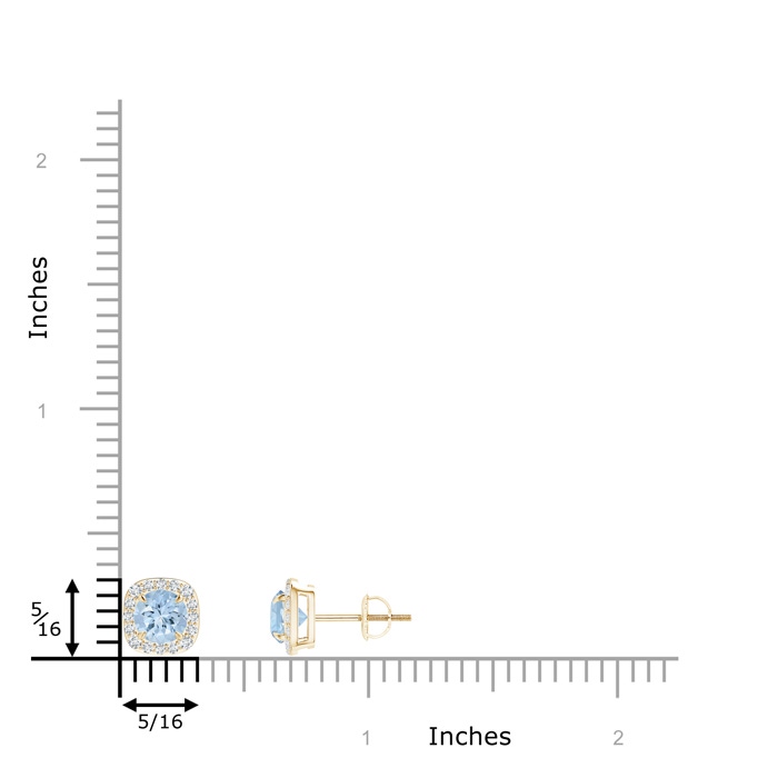5mm AA Claw-Set Aquamarine and Diamond Cushion Halo Stud Earrings in Yellow Gold ruler