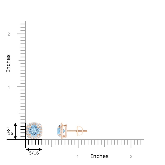 5mm AAA Claw-Set Aquamarine and Diamond Cushion Halo Stud Earrings in Rose Gold ruler