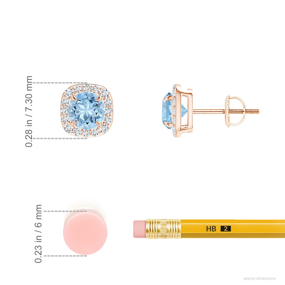 5mm AAA Claw-Set Aquamarine and Diamond Cushion Halo Stud Earrings in Rose Gold ruler