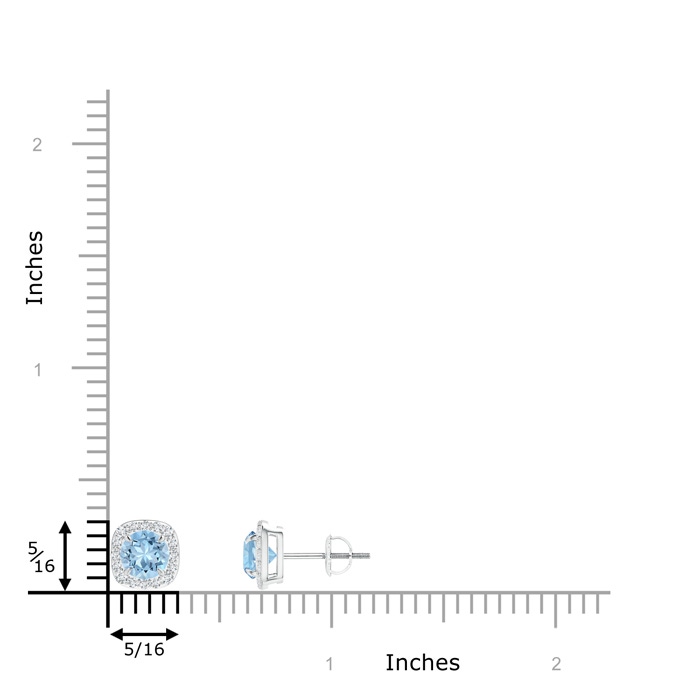 5mm AAA Claw-Set Aquamarine and Diamond Cushion Halo Stud Earrings in White Gold ruler