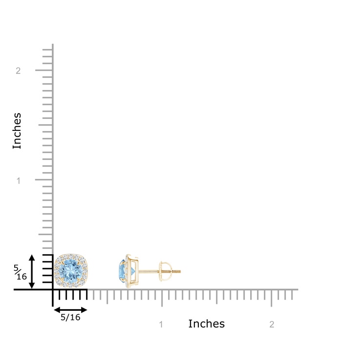 5mm AAA Claw-Set Aquamarine and Diamond Cushion Halo Stud Earrings in Yellow Gold ruler